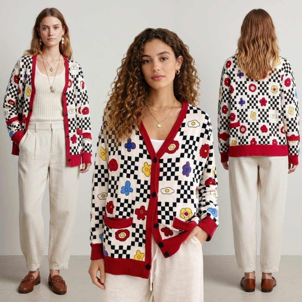 Kina & Tam Floral Funky Cardigan Oversized Knit Sweater Retro Fried Egg Check L